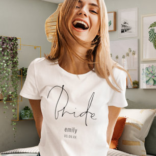 ミニマル花嫁スクリプト結婚名の日付 Tシャツ