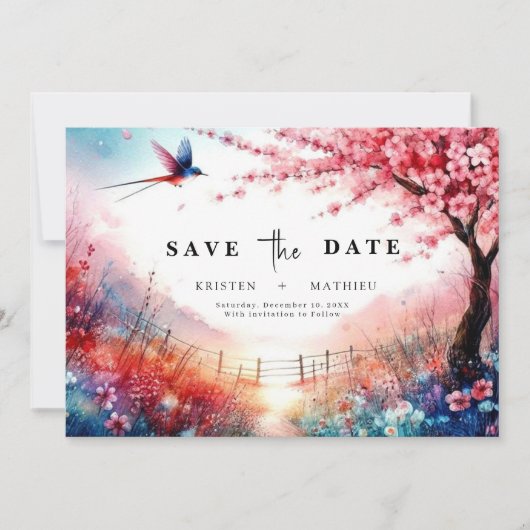 ミニマル花模様さくらんぼブロッサム結婚ズ セーブザデート (正面)
