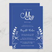 ミニマル花模様モダンデルフトブルーブライダルシャワー 招待状 (正面/裏面)