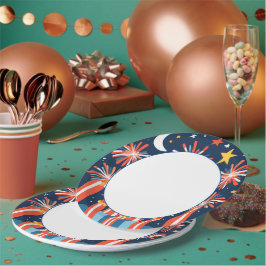 ミニマル花火と月のネイビーブルー ペーパープレート