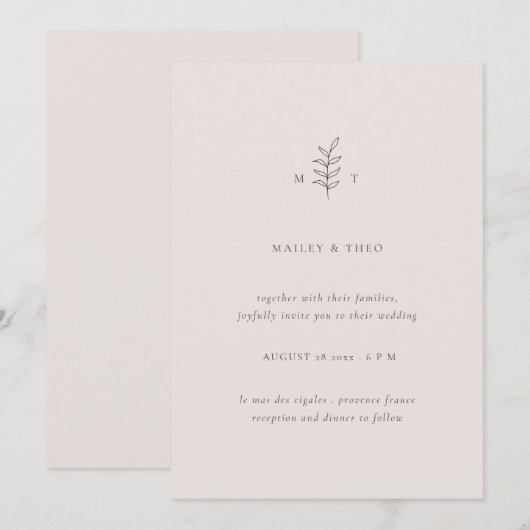 ミニマル葉スピンクブラック結婚式招待状 招待状 (正面/裏面)