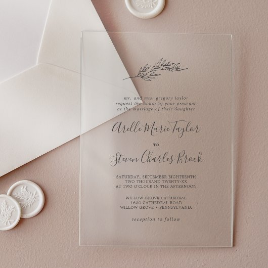 ミニマル葉伝統的シンプルの緑結婚色 アクリル招待状