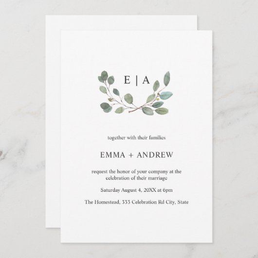 ミニマル葉水の色ローレルウェディング招待 セーブザデート (正面/裏面)