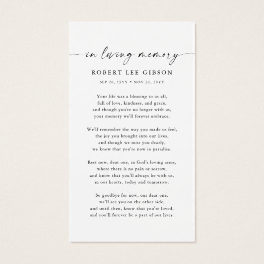 ミニマル葬儀記念祈りの言葉写真カード (裏面)