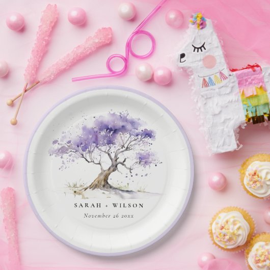 ミニマル薄紫ウォーターカラージャカランダ結婚ツリー ペーパープレート (パーティー)