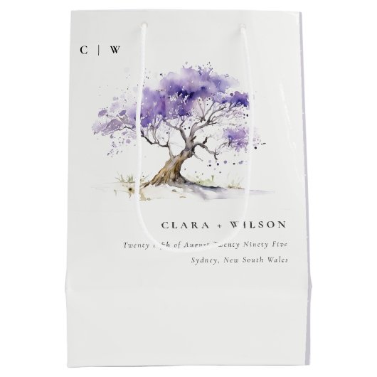 ミニマル薄紫ウォーターカラージャカランダ結婚ツリー ミディアムペーパーバッグ (裏面)
