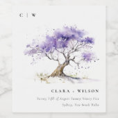ミニマル薄紫ウォーターカラージャカランダ結婚ツリー ワインラベル (シングルラベル)