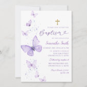 ミニマル薄紫パープルバタフライガールバプテスマ 招待状 (正面)