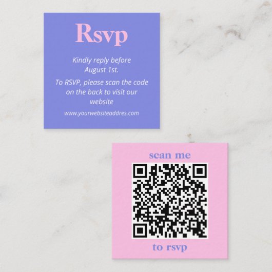 ミニマル薄紫ブルーとピンクウェディングRSVP エンクロージャーカード (正面/裏面)