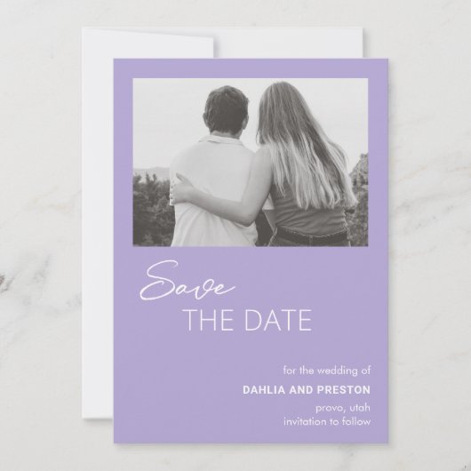 ミニマル薄紫モダン結婚写真 セーブザデート (正面)