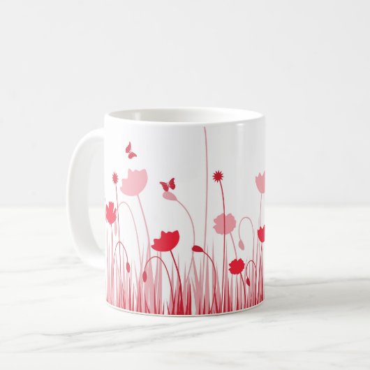 ミニマル赤と白リストポピーズメドウフローラ コーヒーマグカップ (正面左)