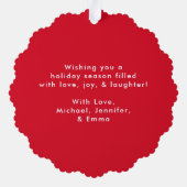 ミニマル赤と白主義ペパーミント渦巻写真 オーナメントカード (裏面)