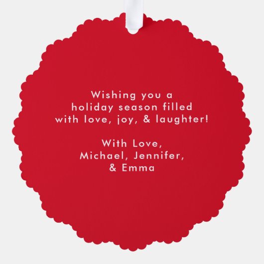 ミニマル赤と白主義ペパーミント渦巻写真 オーナメントカード (裏面)