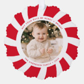 ミニマル赤と白主義ペパーミント渦巻写真 オーナメントカード (正面)