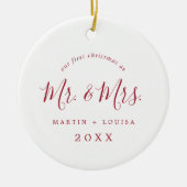 ミニマル赤初めてのクリスマス結婚の写真 セラミックオーナメント (正面)