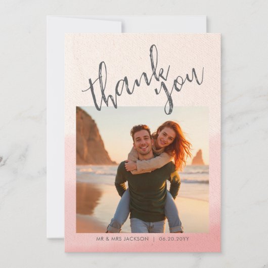 ミニマル赤面と開花はっきりしたスクリプト結婚の写真 サンキューカード (正面)