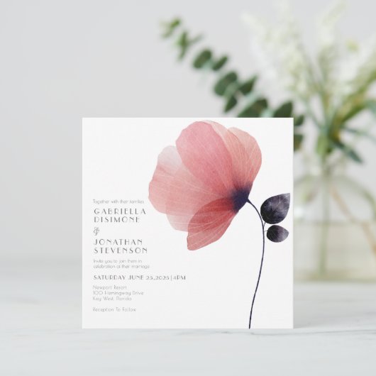 ミニマル赤面ウォーターカラーポピー結婚グレイ 招待状 (スタンド正面)