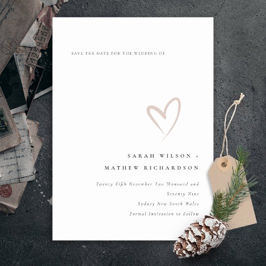 ミニマル赤面シンプルピンクハート日付カードを保存 サンキューカード