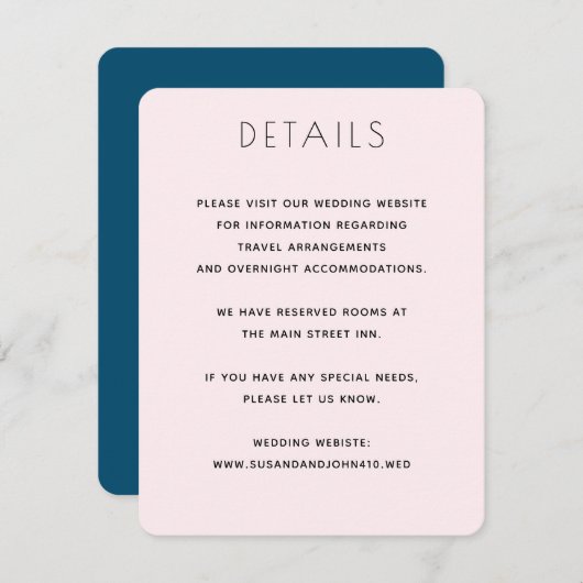 ミニマル赤面ピンクとネイビーエレガントな結婚式 エンクロージャーカード (正面/裏面)