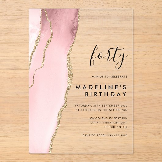 ミニマル赤面ピンクアゲイト40歳の誕生日 アクリル招待状 (正面)