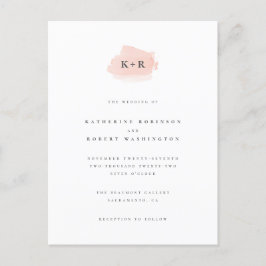 ミニマル赤面ピンクウォーターカラーイニシャル結婚ズ インビテーションポストカード