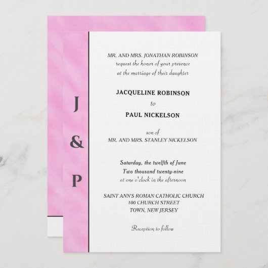 ミニマル赤面ピンクウォーターカラーグレーモノグラム 招待状 (正面/裏面)