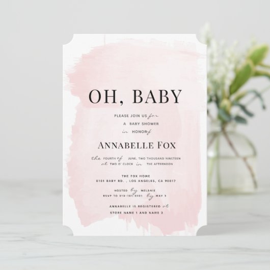 ミニマル赤面ピンクウォーター色ベビーシャワー 招待状 (スタンド正面)