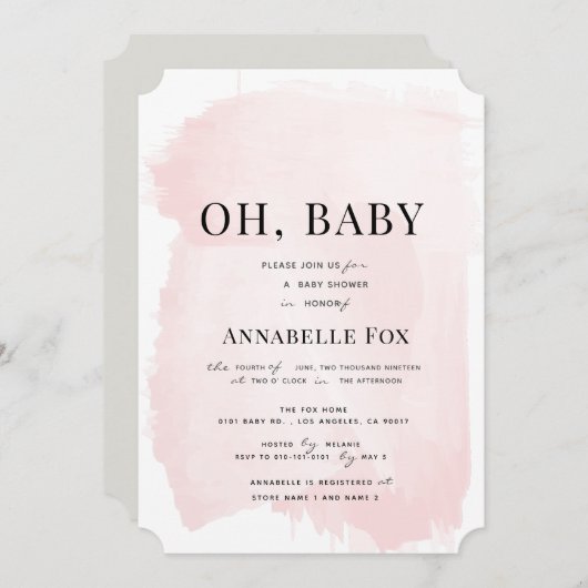 ミニマル赤面ピンクウォーター色ベビーシャワー 招待状 (正面/裏面)
