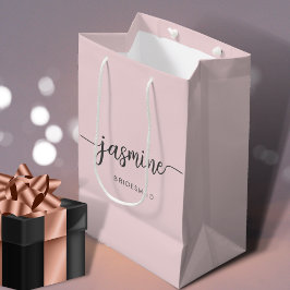 ミニマル赤面ピンクシンプルモノグラムガーリースクリプト ミディアムペーパーバッグ