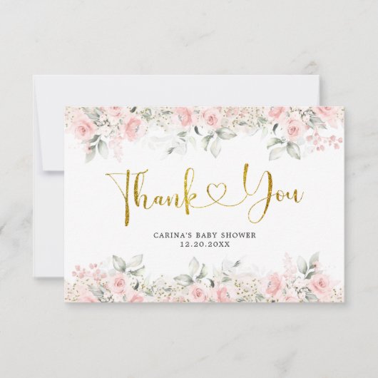 ミニマル赤面ピンクフローラベビーシャワー サンキューカード (正面)