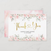 ミニマル赤面ピンクフローラベビーシャワー サンキューカード (正面/裏面)
