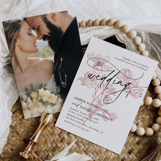 ミニマル赤面ピンクモダンフローラ結婚写真 招待状