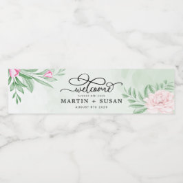 ミニマル赤面ピンクローズフローラユーカリ結婚ス ペットボトルラベル