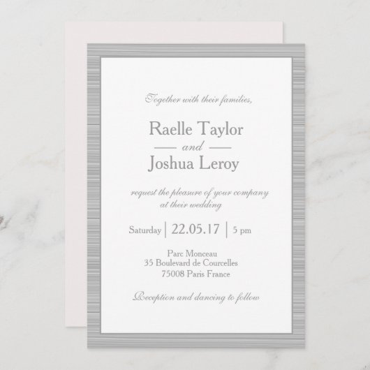 ミニマル赤面ピンク白ストライプ灰色結婚の 招待状 (正面/裏面)