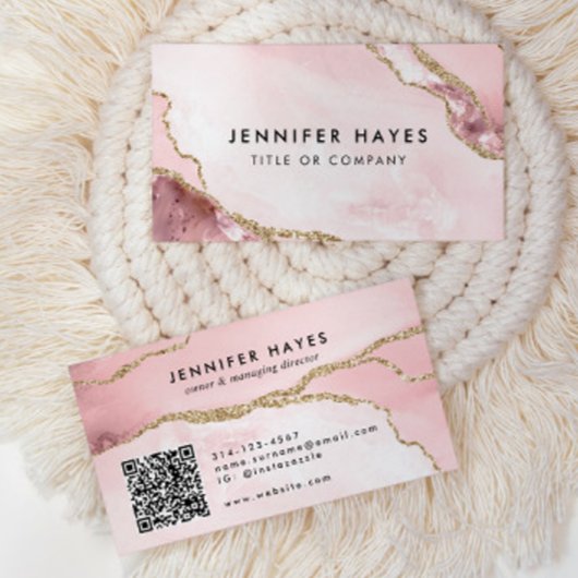 ミニマル赤面ピンク金ゴールドグリッターマーブルゲートQR 名刺