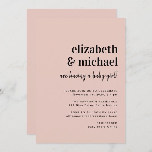 ミニマル赤面モダンカップル赤ちゃんガールシャワー 招待状 (正面/裏面)