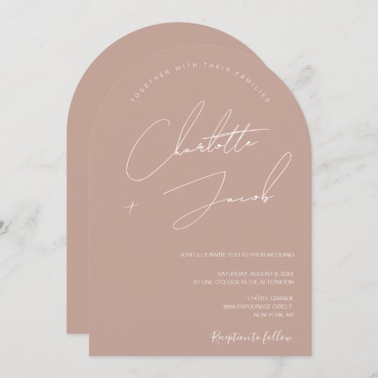 ミニマル赤面モダンピンクスクリプ結婚トarch 招待状 (正面/裏面)