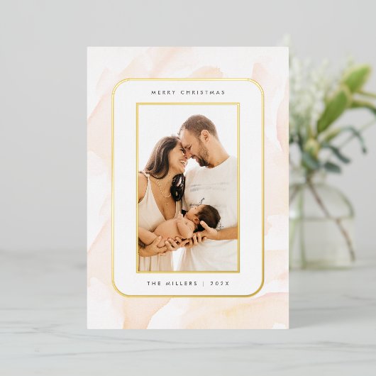 ミニマル赤面水の色メリークリスマスフォト 箔シーズンカード (立ち正面)