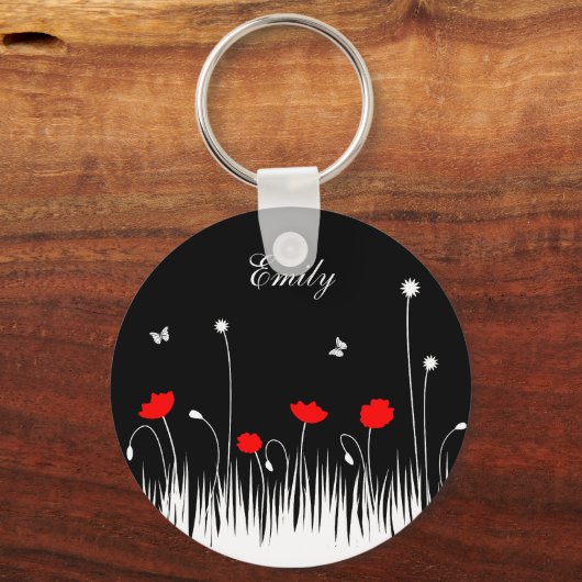 ミニマル赤黒白ケシ牧草地名 キーホルダー (正面)