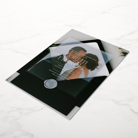 ミニマル透明結婚式招待状とBla 箔招待状 (回転した状態)