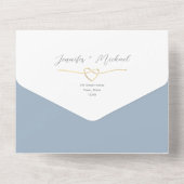 ミニマル金ゴールドとダスティー結婚ブルー オールインワン招待状 (裏面)