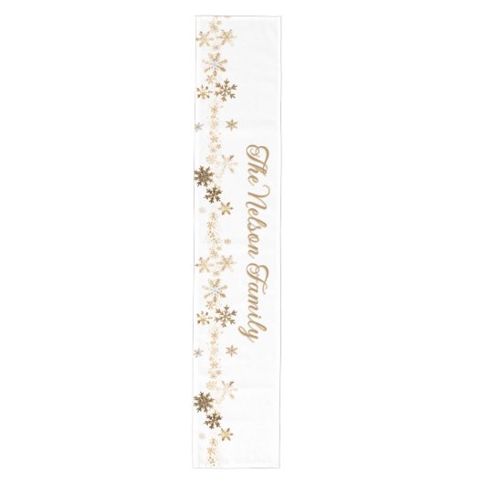 ミニマル金ゴールドとホワイトスノーフレークファミリー名 ミディアムテーブルランナー (正面)