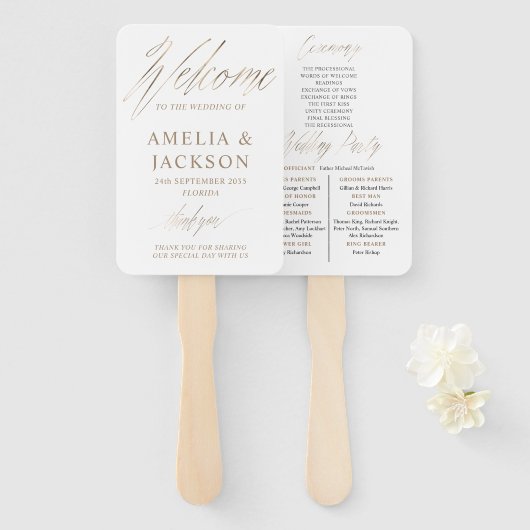 ミニマル金ゴールドと白結婚人式 ハンドファン (正面&裏面)