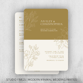 ミニマル金ゴールドの葉の輪郭オールインワン結婚 招待状