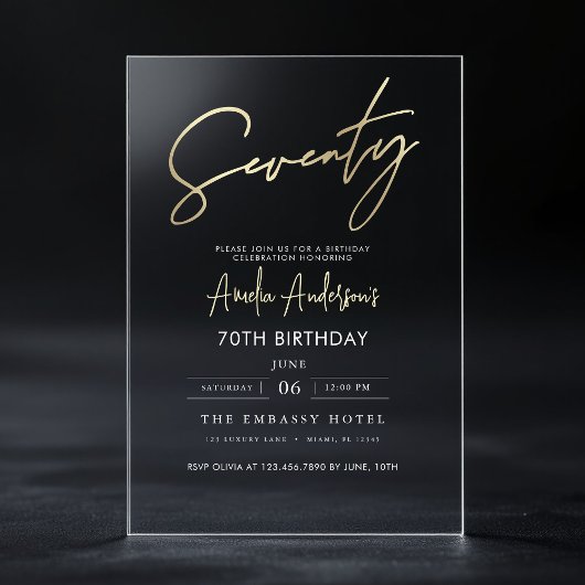 ミニマル金ゴールドエレガントスクリプト70誕生日 アクリル招待状