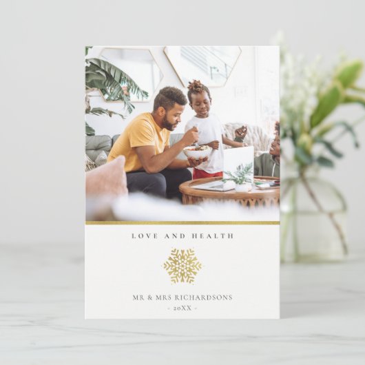ミニマル金ゴールドエレガントスノーフレークフォトラブ&ヘルス シーズンカード (スタンド正面)