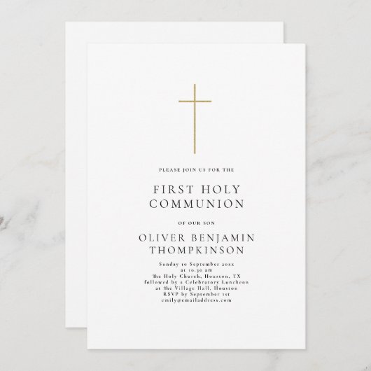 ミニマル金ゴールドクロスファースト聖餐式 招待状 (正面/裏面)