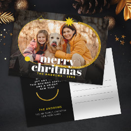 ミニマル金ゴールドグリッタークリスマスファミリー写真 シーズンポストカード