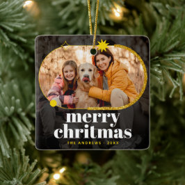ミニマル金ゴールドグリッタークリスマスファミリー写真 セラミックオーナメント