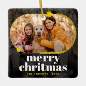 ミニマル金ゴールドグリッタークリスマスファミリー写真 セラミックオーナメント (正面)